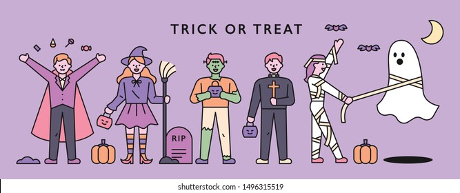 People wearing Halloween costumes are enjoying the festival. flat design style minimal vector illustration.