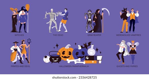 People wearing halloween costumes of scary characters and holiday paraphernalia flat compositions set isolated on color background vector illustration