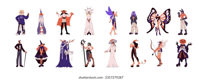 People wearing Halloween costumes set. Persons dressed in vampire, fairy, devil, pumpkin clothes on masquerade. Man and woman do cosplay. Helloween carnival. Flat isolated vector illustration on white