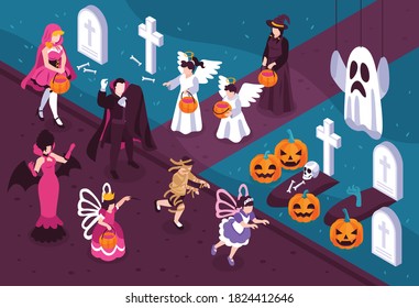 People wearing halloween costumes of vampire fairy witch zombie angel and party decoration elements 3d isometric vector illustration