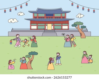 People wearing hanbok enjoying a traditional Korean festival in front of a palace. Cute flat cartoon style celebration illustration.