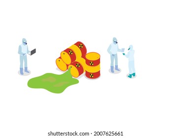 People wearing hazmat with toxic waste isometric 3d vector concept for banner, website, illustration, landing page, flyer, etc.