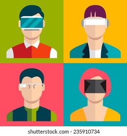 people wearing head-mounted displays icon set. virtual and augmented reality gadgets. flat style vector illustration