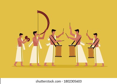 Personas con un atuendo tradicional al estilo de Kerala tocando instrumentos de percusión