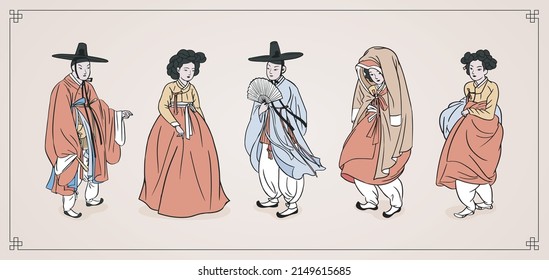 Personas usando ropa tradicional coreana (Hanbok). Ilustración vectorial. 