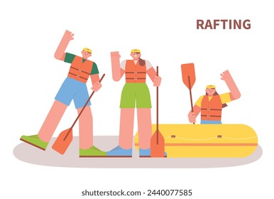 People are wearing life jackets, holding rafting paddles and greeting with happy expressions. A person riding a rafting boat.