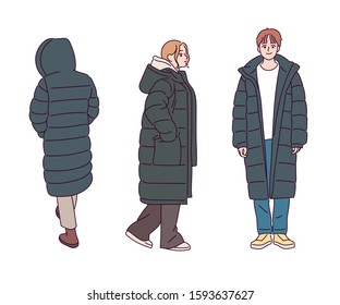 Gente usando chaquetas largas de burbujas. Moda invernal. ilustraciones de diseño vectorial de estilo dibujado a mano. 