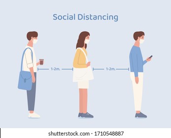 People Wearing A Mask Doing Social Distancing While Standing In Queue In A Community. Illustration About Way To Prevent Covid-19 Spread In Public Place.