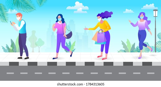 People wearing mask and keep social distancing to avoid the spread of COVID-19. city street view. Concept of coronavirus quarantine vector illustration.