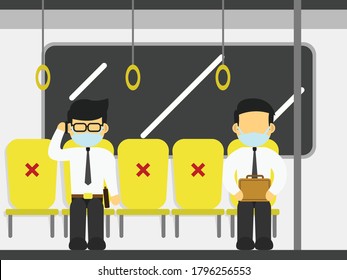 People wearing mask and keep social distance in public transportation. Safety protocol to avoid the spread of coronavirus. People in train illustration.