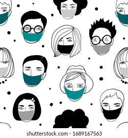 People wearing mask seamless pattern. Use face mask concept. Men and women texture. Virus preventive measures. Coronavirus pandemic, epidemic disease. Vector illustration in outline cartoon style