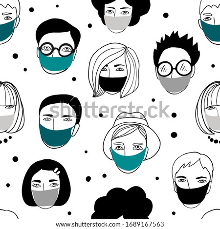 People wearing mask seamless pattern. Use face mask concept. Men and women texture. Virus preventive measures. Coronavirus pandemic, epidemic disease. Vector illustration in outline cartoon style