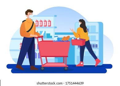 People wearing mask shopping in the mall. Vector Illustration concept.