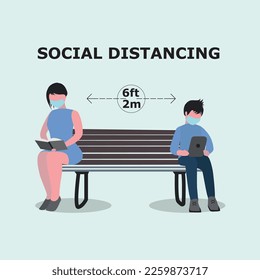 People wearing mask, social distancing. Keeping your distance to stay safe. Vector flat illustration