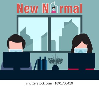 People wearing mask when working in office company for new normal concept
