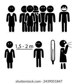People wearing masks, 1.5 meters distance, thermometer and temperature. Vector icons about pandemics and viruses