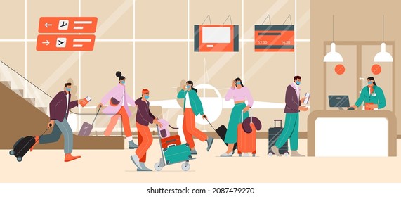 People wearing masks at the airport, by checking in and boarding at a counter desk. Vector illustration