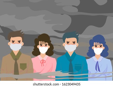 People are wearing masks to avoiding PM 2.5 dust. His face is turn to red and looks unhappy. It’s showing how serious of the air pollution in Thailand and also in Asia.