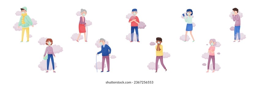 People Wearing Masks Because of Bad Air and Dust in the City Vector Set