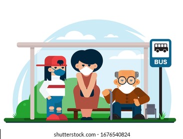 People wearing masks at bus stop. Quarantine, coronavirus COVID-19, 2019-nCoV pneumonia has been spreading into many cities around the world cartoon vector illustration.
