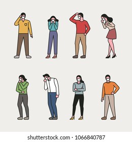 People wearing masks and coughing because of fine dust. vector illustration flat design