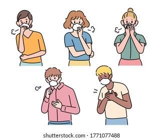 People are wearing masks and coughing. flat design style minimal vector illustration.