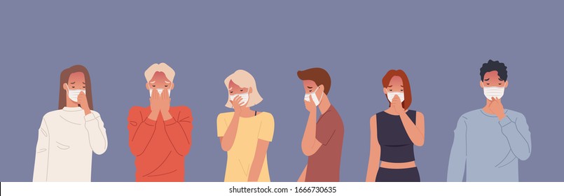 People wearing masks and coughing. Vector illustration in a flat style