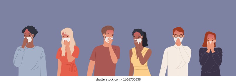 People wearing masks and coughing. Vector illustration in a flat style