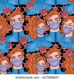 People wearing masks during coronavirus, COVID-19 seamless pattern on black background, vector