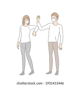 People wearing masks elbow bump greeting. New normal greeting to avoid the spread of Coronavirus instead of greeting with hug or handshake. Hand draw style. Vector illustration.