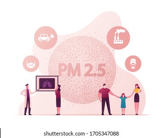 People Wearing Masks, Fine Dust Pm 2.5 Concept. Man, Woman and Child Characters Protecting of Air Pollution. Industrial Smog Protection, Doctor Explain of Emission Danger. Cartoon Vector Illustration