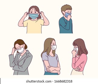 People wearing masks. hand drawn style vector design illustrations. 