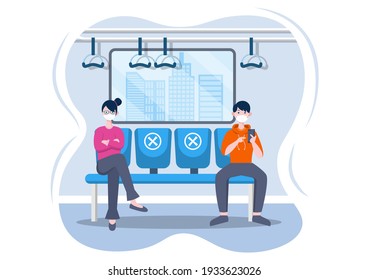 Gente con máscaras y distancia social mientras viaja en tren para prevenir la enfermedad del coronavirus, ilustración vectorial  
