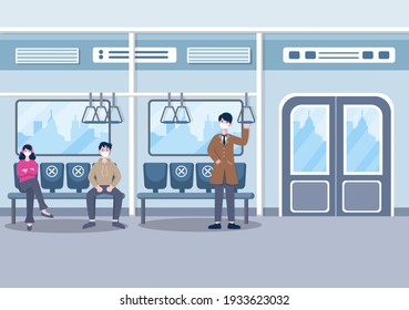 People Wearing Masks and Maintaining Social Distancing While Traveling by Train to Prevent Coronavirus Disease, Vector Illustration  
