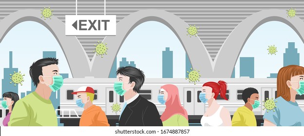 People wearing masks outdoors because Novel coronavirus (2019-nCoV) outbreak. Men and women or crowd walking on the Train station wearing a masks to prevent viruses around them poster or banner design