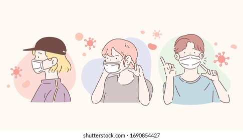 People wearing masks in preparation for coronavirus infection. The man is pointing at the mask and is sending an appointment sign with his finger.