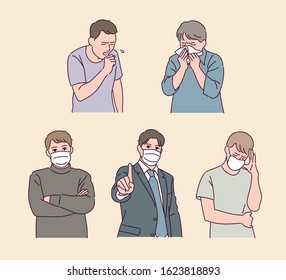 People wearing masks to prevent colds. People who cough and sneeze. hand drawn style vector design illustrations. 