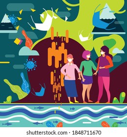 People wearing masks to prevent coronavirus surrounded by abstract floating mountains, water, cells, and masks.