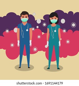 People wearing masks  for prevent virus, to protect Coronavirus themselves from viruses. Vector Cartoon Illustration.