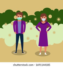People wearing masks  for prevent virus, to protect Coronavirus themselves from viruses. Vector Cartoon Illustration.