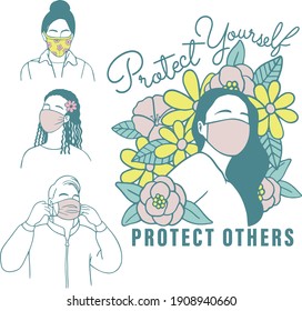 People wearing masks, protect yourself protect others floral poster