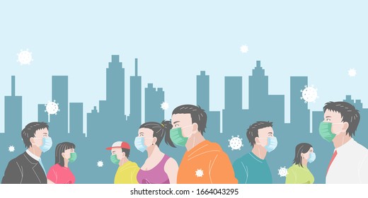 People wearing masks walk in the city to protect themselves from viruses. Men and women or crowd walking on the street wearing a masks to prevent viruses around them. banner or poster design vector