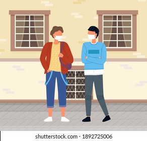 People wearing masks walk in the city to protect themselves from viruses. Man and woman walking on the street wearing a protective medical face masks to prevent viruses and epidemic around them