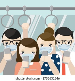 people wearing medical face mask with smart phone.Crowd of people wearing medical masks on the subway or bus. Coronavirus epidemic concept. Respiratory disease, virus spread. Vector illustration