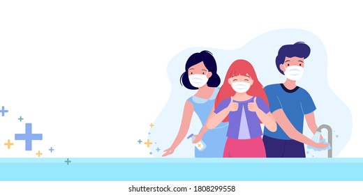 People wearing a medical face mask, sanitizing with alcohol gel and washing hands for COVID-19 or Coronavirus hygiene guide in flat style. Health care concept for banner. Vector illustration.