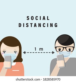 people wearing medical face mask with smart phone. Warning Keep 1 meter Social Distance. Coronavirus epidemic concept. Respiratory disease, virus spread