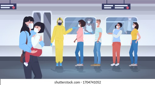 people wearing medical face masks to prevent coronavirus covid-19 pandemic men women waiting for trait at subway station underground platform horizontal full length vector illustration