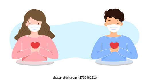 People wearing medical mask or cloth face covering to protect and help slow spread of Covid19 holding red heart in Coronavirus pandemic awareness and self care concept. Vector illustration