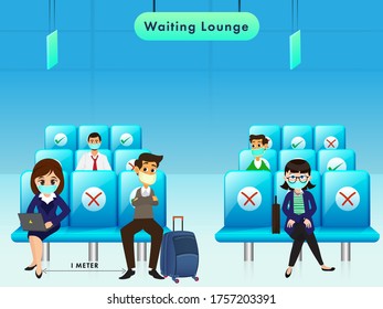 People wearing medical mask maintain social distance on seat of waiting lounge to prevent from Coronavirus.