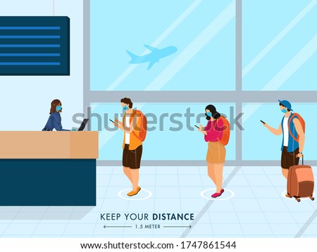 People wearing medical mask in queue maintain social distance away 1.5 meter in front of airport reception counter to prevent from Coronavirus, Covid-19.